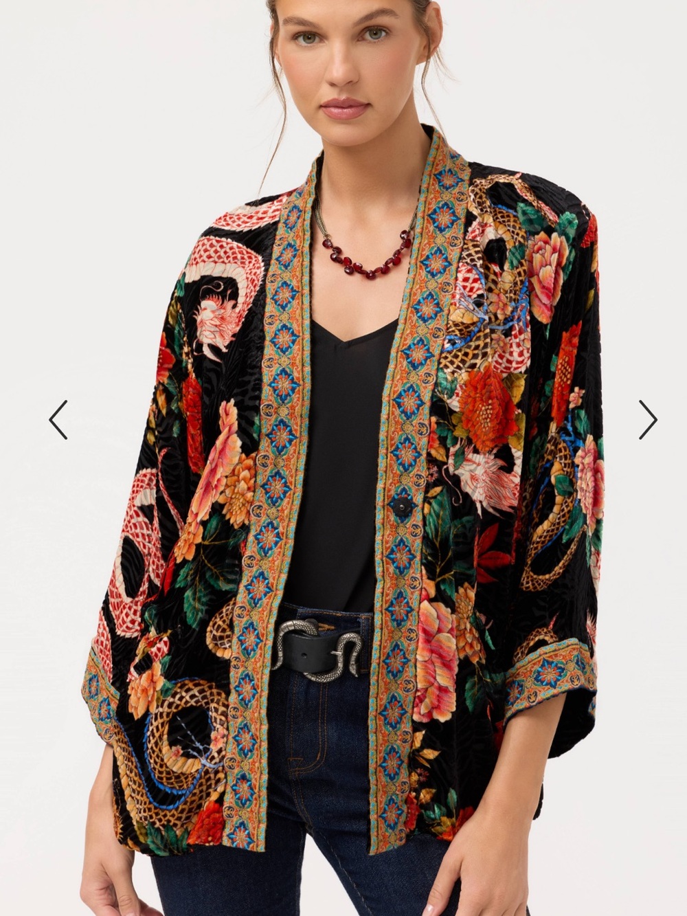 JOHNNY WAS Merhawi Reversible Print to Solid Burnout Velvet Kimono Jacket NWT